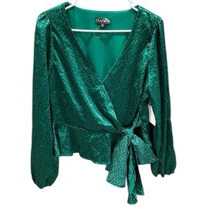 Meraki Green Polka Dot Satin Faux Wrap Long Sleeve Top Waist Tie Size Medium
